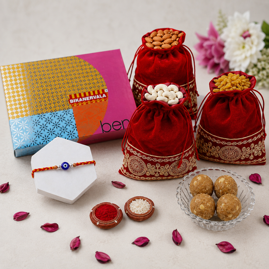 Archies Silver Evil Eye Beaded Rakhi with Besan Laddo and Dry Fruits
