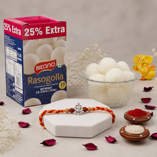 Archies Silver Ganesha Rudraksha Rakhi with Rasgulla