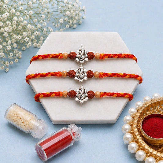 Pack Of 3 Archies Ganesha Silver Rakhi with Rudraksha Beads