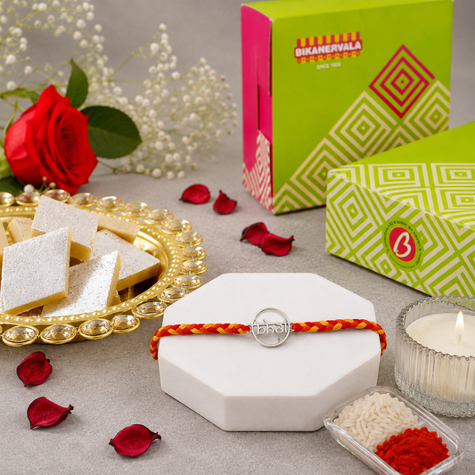 Archies Silver Bhai Charm Rakhi with Kaju Katli