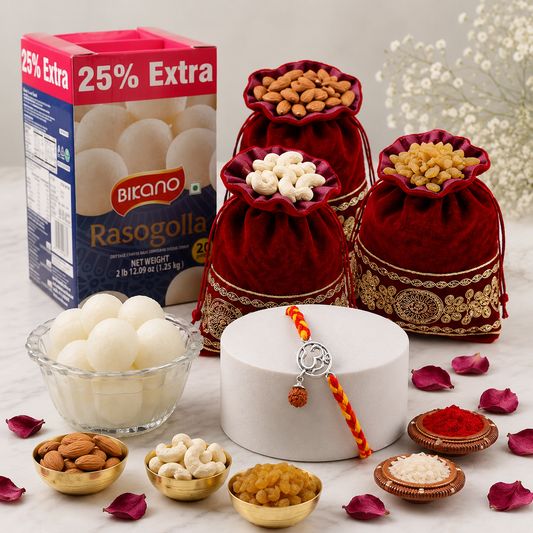 Archies Silver Om Rudraksha Drop Rakhi with Rasgulla and Dry Fruits
