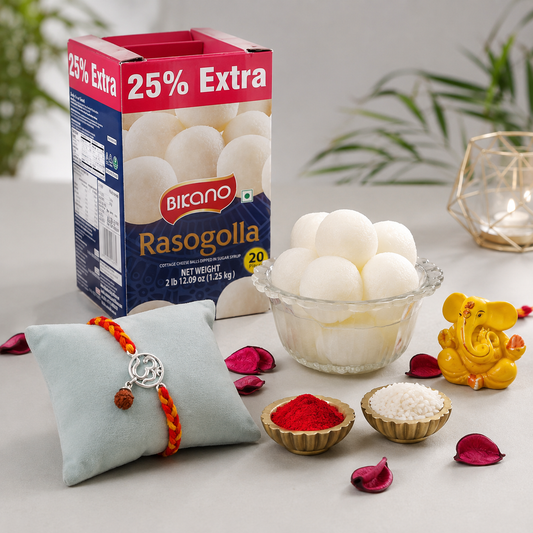Archies Silver Om Rudraksha Drop Rakhi with Rasgulla