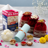 Archies Silver Peacock Feather Rakhi with Rasgulla and Dry Fruits