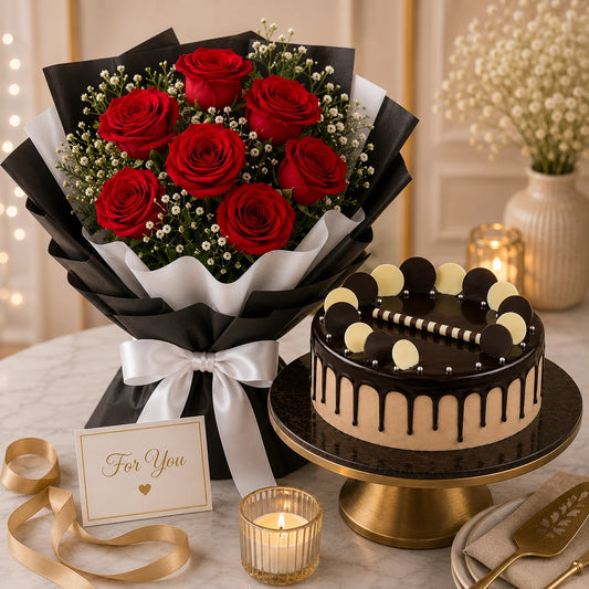 10 Red Roses With Chocolate  Cake