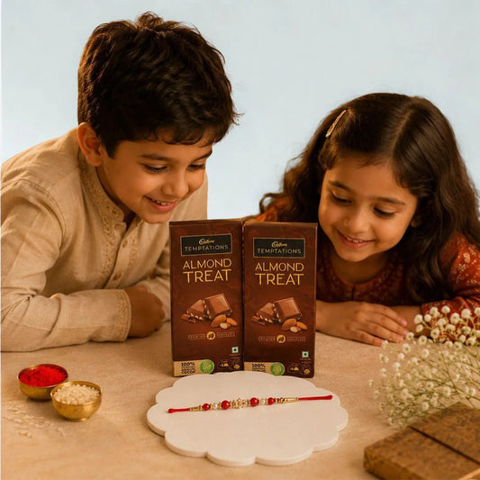 Pearl Rakhi with Cadbury Temptations Almond Chocolates | Elegant Rakhi Gift