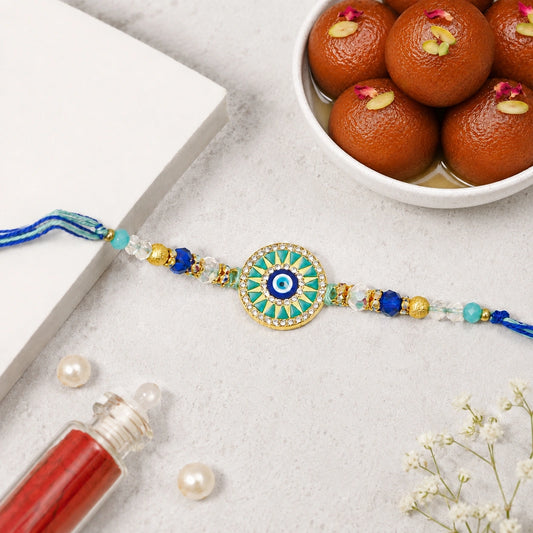Evil Eye Sunburst Rakhi with Gulab Jamun