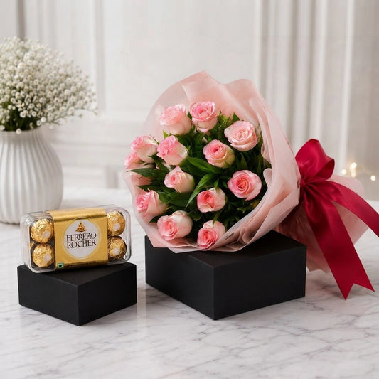 12 Pink Roses & Ferrero Rocher Chocolate Bouquet