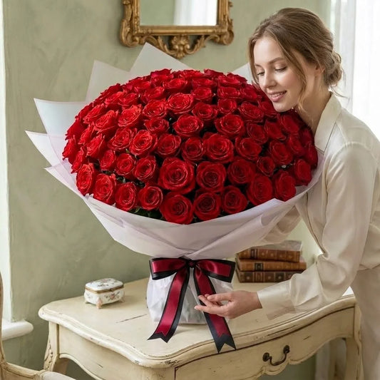 Grand 100 Red Roses Bouquet in White Premium Paper