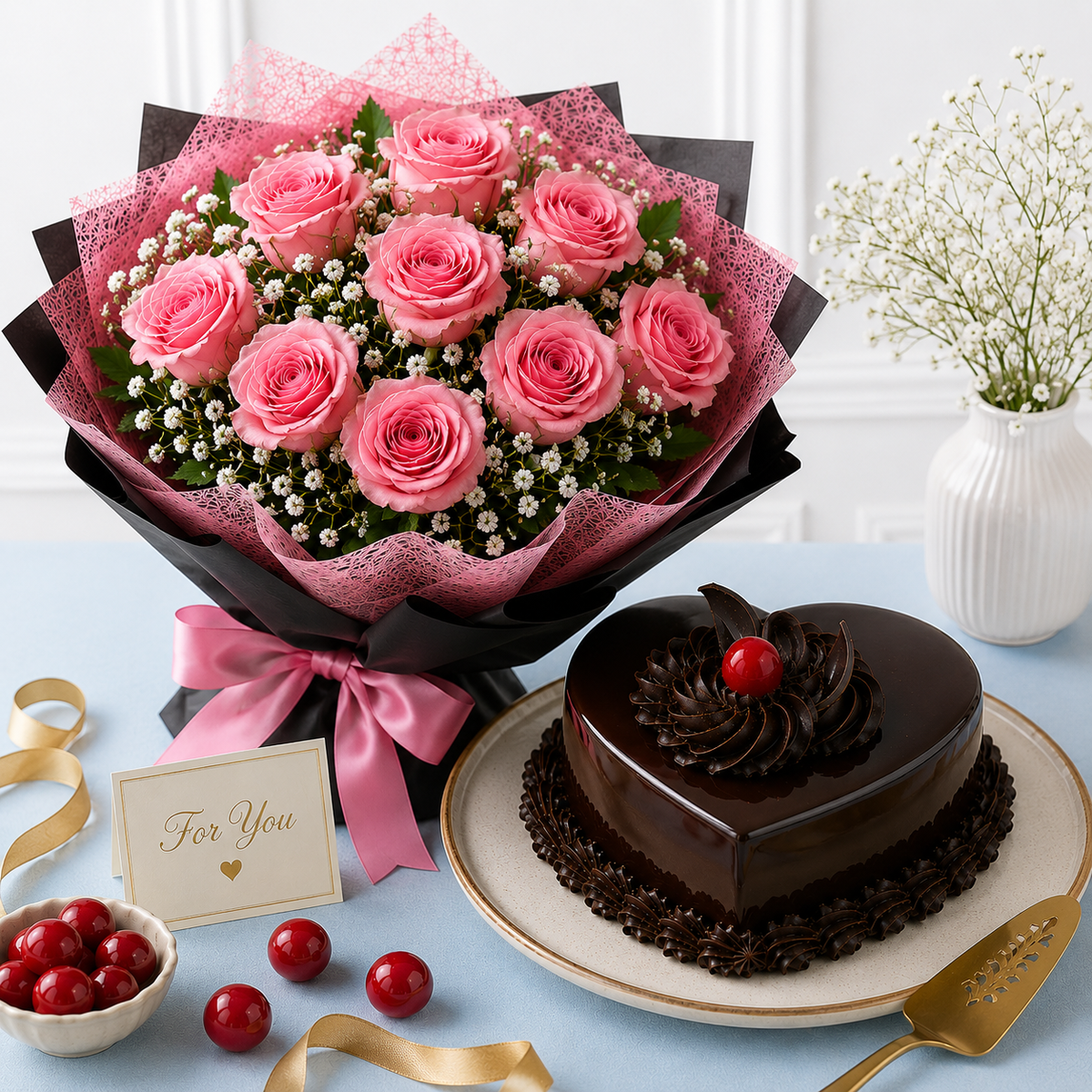 10 Pink Roses With Chocolate Truffle Cake