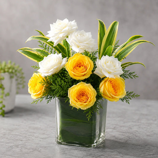 Yellow & White Roses Bouquet in Glass Vase