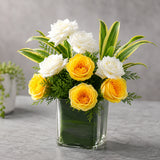 Yellow & White Roses Bouquet in Glass Vase