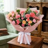 14 Light Pink Carnations & 8 Roses Bouquet with Eucalyptus in Pink Paper