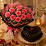 10 Pink Roses With Chocolate Truffle Cake