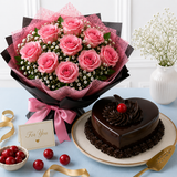 10 Pink Roses With Chocolate Truffle Cake