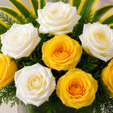 Yellow & White Roses Bouquet in Glass Vase