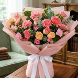 14 Light Pink Carnations & 8 Roses Bouquet with Eucalyptus in Pink Paper