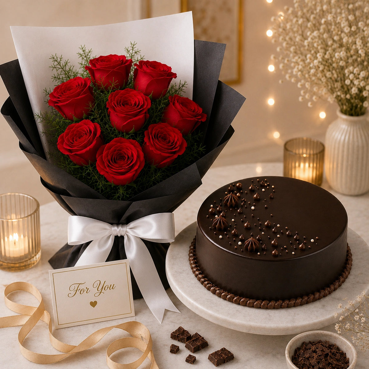 8 Red Roses With Eggless Chocolate Cream Cake