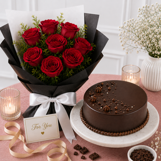 8 Red Roses With Eggless Chocolate Cream Cake