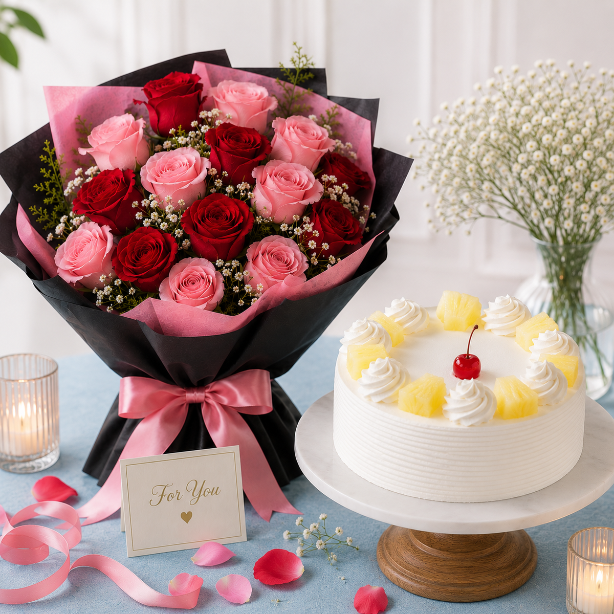 11 Red Roses & 10 Pink Roses With Pineapple Cake