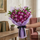 Bunch of 6 Purple Orchids in Purple Wrap with Black Ribbon