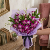Bunch of 6 Purple Orchids in Purple Wrap with Black Ribbon