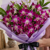 Bunch of 6 Purple Orchids in Purple Wrap with Black Ribbon