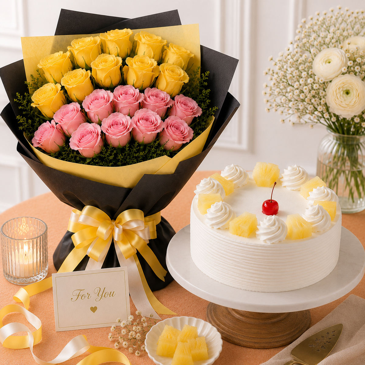 11 Pink Roses & 10 Yellow Roses With Pineapple Cake