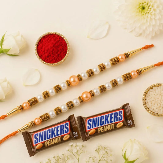 Set of 2 Pearl Rakhi with Snickers Chocolate Bars | Rakhi Sweet Gift