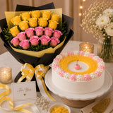 11 Pink Roses & 10 Yellow Roses With Pineapple Cake