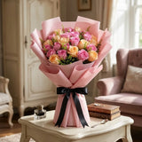 30 Revival Pink & Peach Roses Bouquet in Pink Premium Paper
