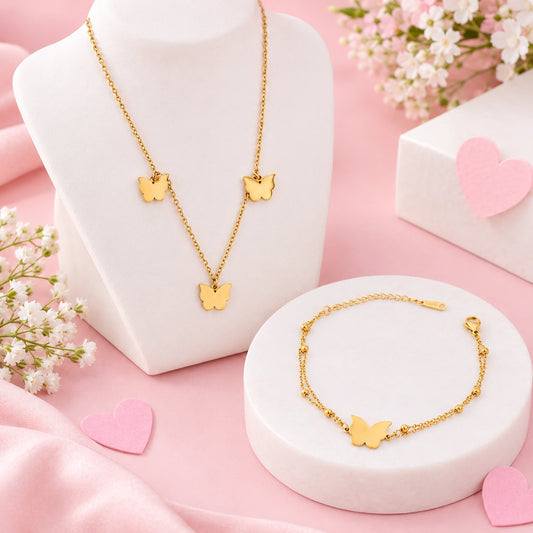 Gold-Toned Butterfly Charm Necklace and Bracelet Set
