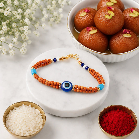 Evil Eye Wood Bead Bracelet Rakhi with Gulab Jamun