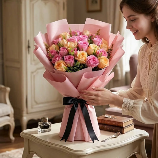 30 Revival Pink & Peach Roses Bouquet in Pink Premium Paper