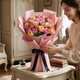 30 Revival Pink & Peach Roses Bouquet in Pink Premium Paper