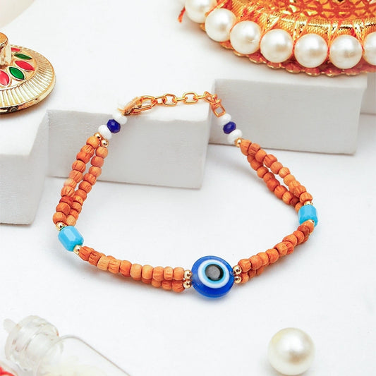 Evil Eye Wood Bead Bracelet Rakhi with Gulab Jamun