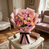 30 Revival Pink & Peach Roses Bouquet in Pink Premium Paper