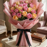 30 Revival Pink & Peach Roses Bouquet in Pink Premium Paper