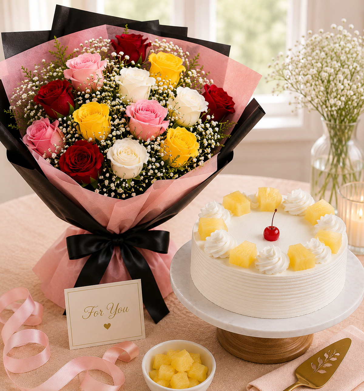 12 Mixed Roses With Pineapple Cake