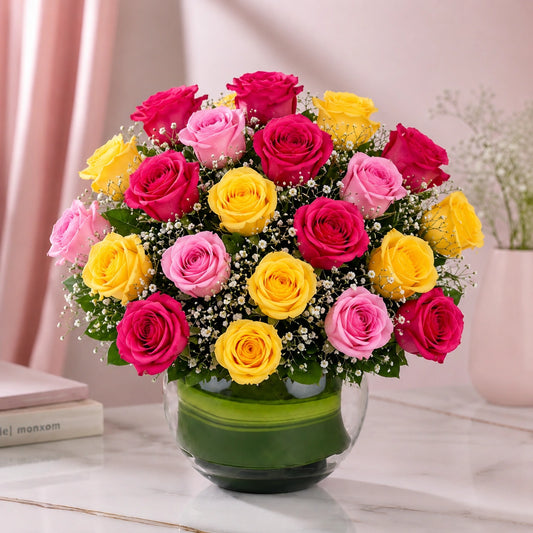 Dark Pink & Yellow Roses Arrangement in Glass Vase