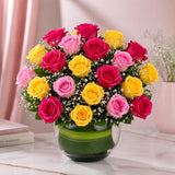 Dark Pink & Yellow Roses Arrangement in Glass Vase