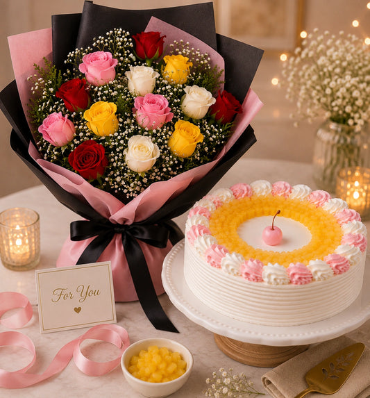 12 Mixed Roses With Pineapple Cake
