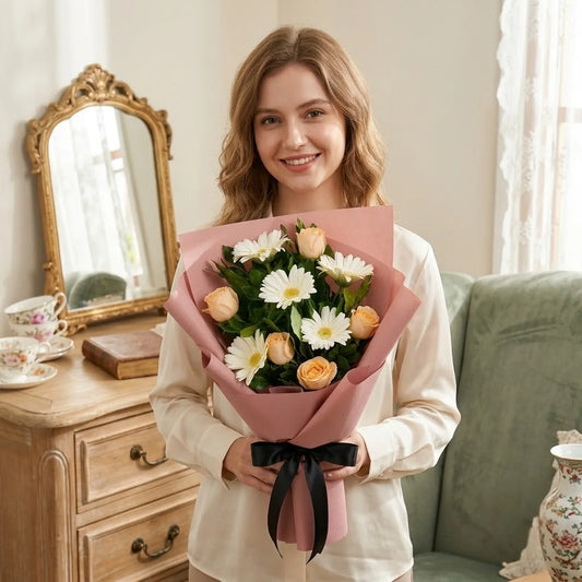 5 White Gerberas & 5 Peach Roses Bouquet in Peach Wrap with Black Ribbon