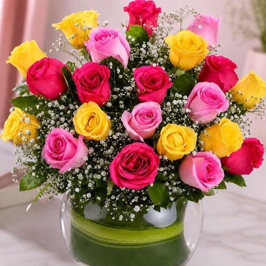 Dark Pink & Yellow Roses Arrangement in Glass Vase