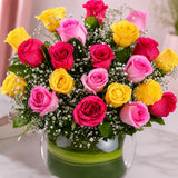 Dark Pink & Yellow Roses Arrangement in Glass Vase