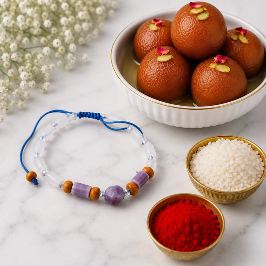 Lavender Bead Bracelet Rakhi with Gulab Jamun