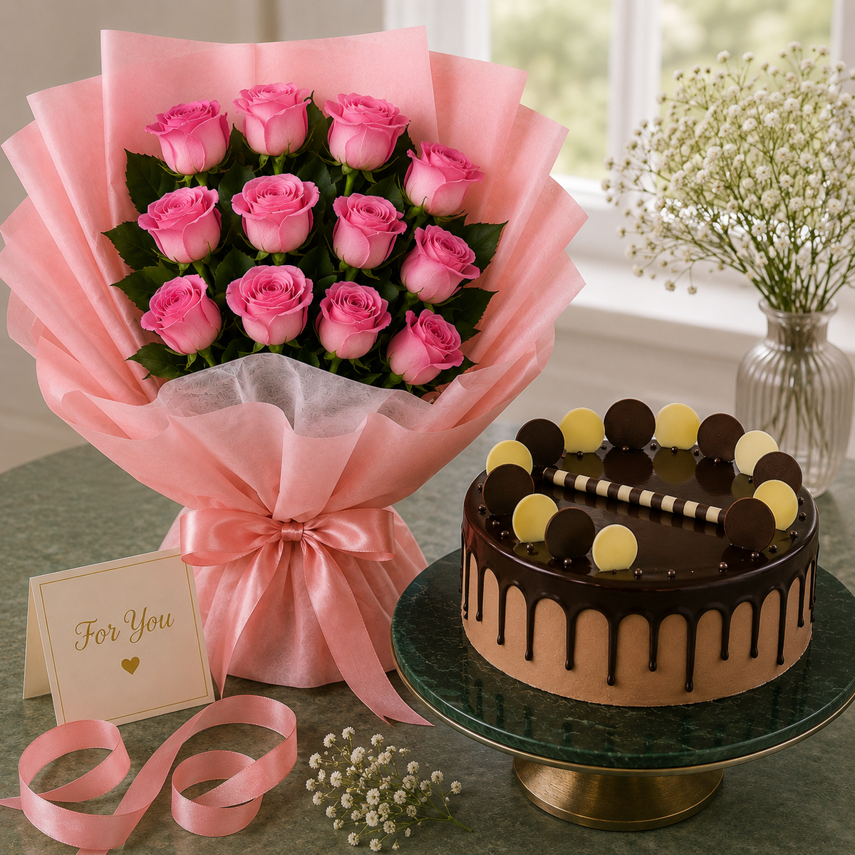 12 Aqua Pink Roses With Chocolate Cream Cake