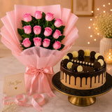 12 Aqua Pink Roses With Chocolate Cream Cake