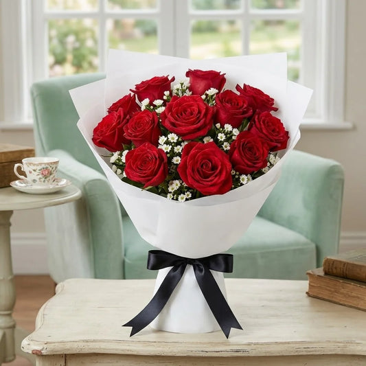 12 Red Roses Bouquet in Elegant White Paper