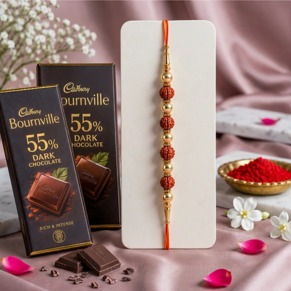 Rudraksha Rakhi with Premium Bournville Dark Chocolates | Sacred Rakhi Gift