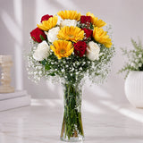 Yellow Gerbera & Red Rose Bouquet in Glass Vase